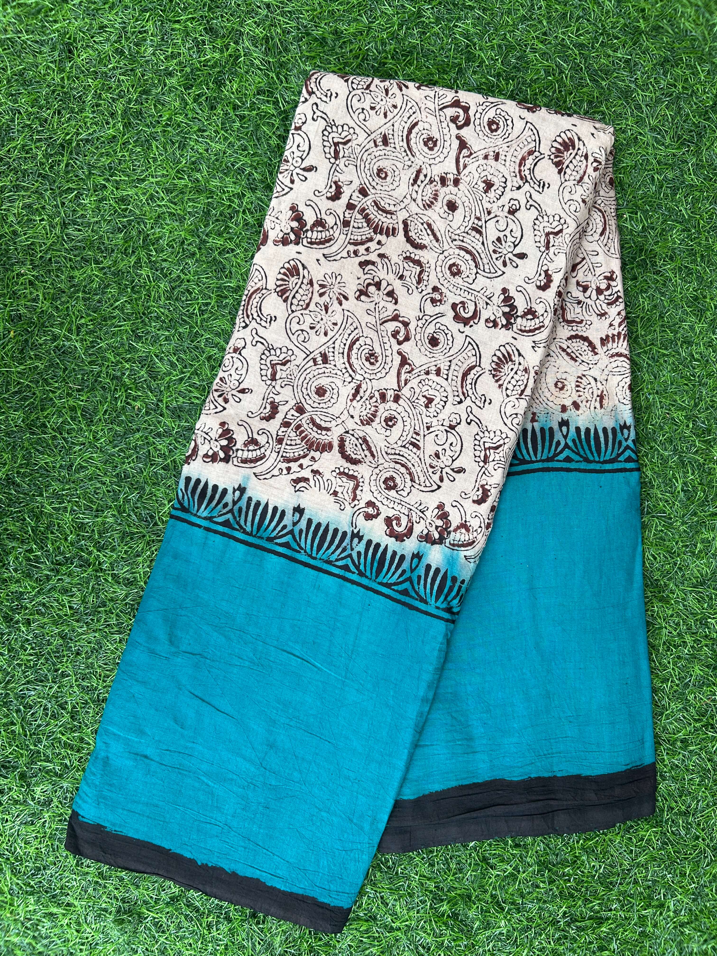 Kalamkari Cotton Hand Printed Gap Border Saree-KCS-HPGB-M054