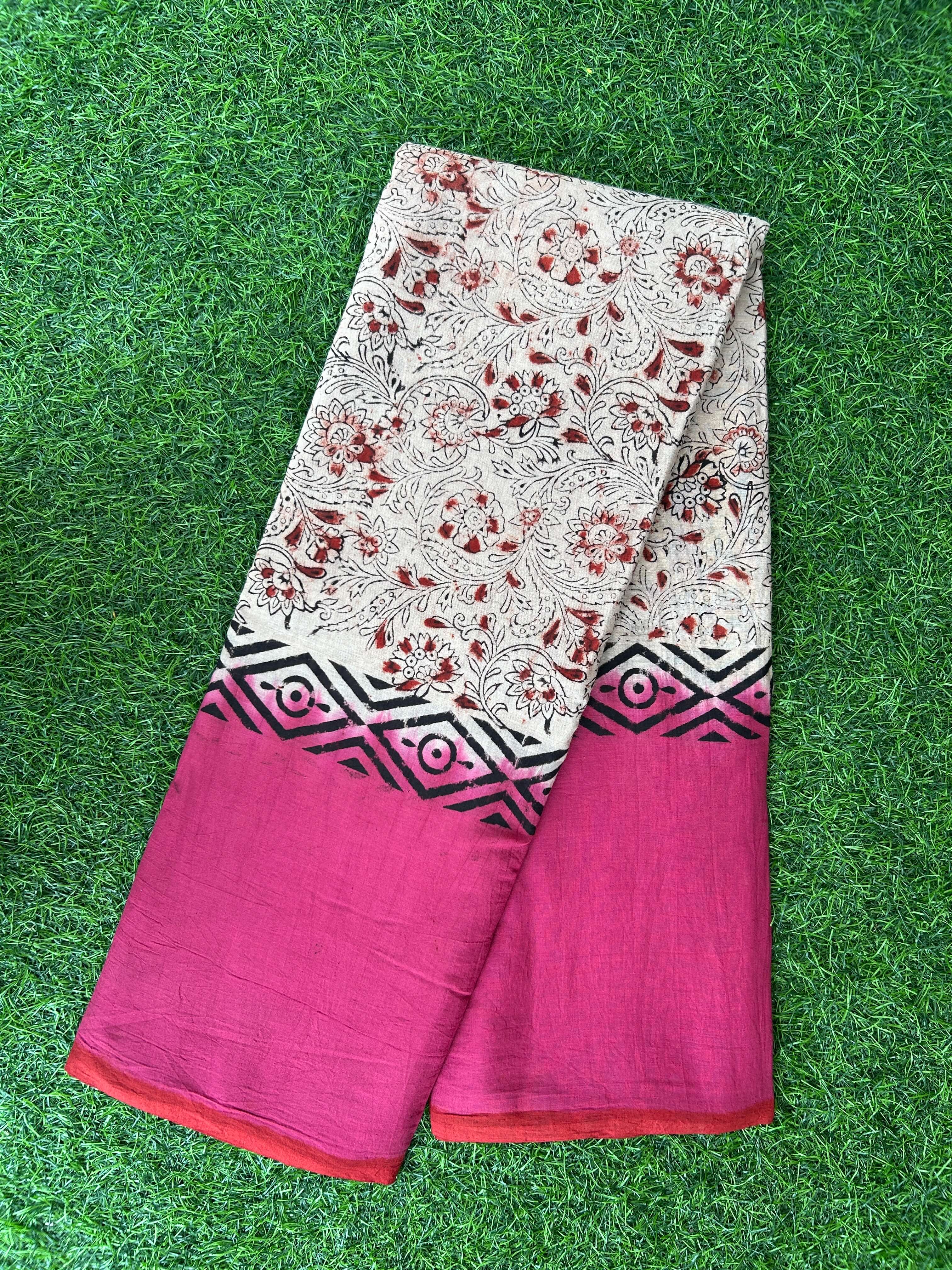 Kalamkari Cotton Hand Printed Gap Border Saree-KCS-HPGB-M050