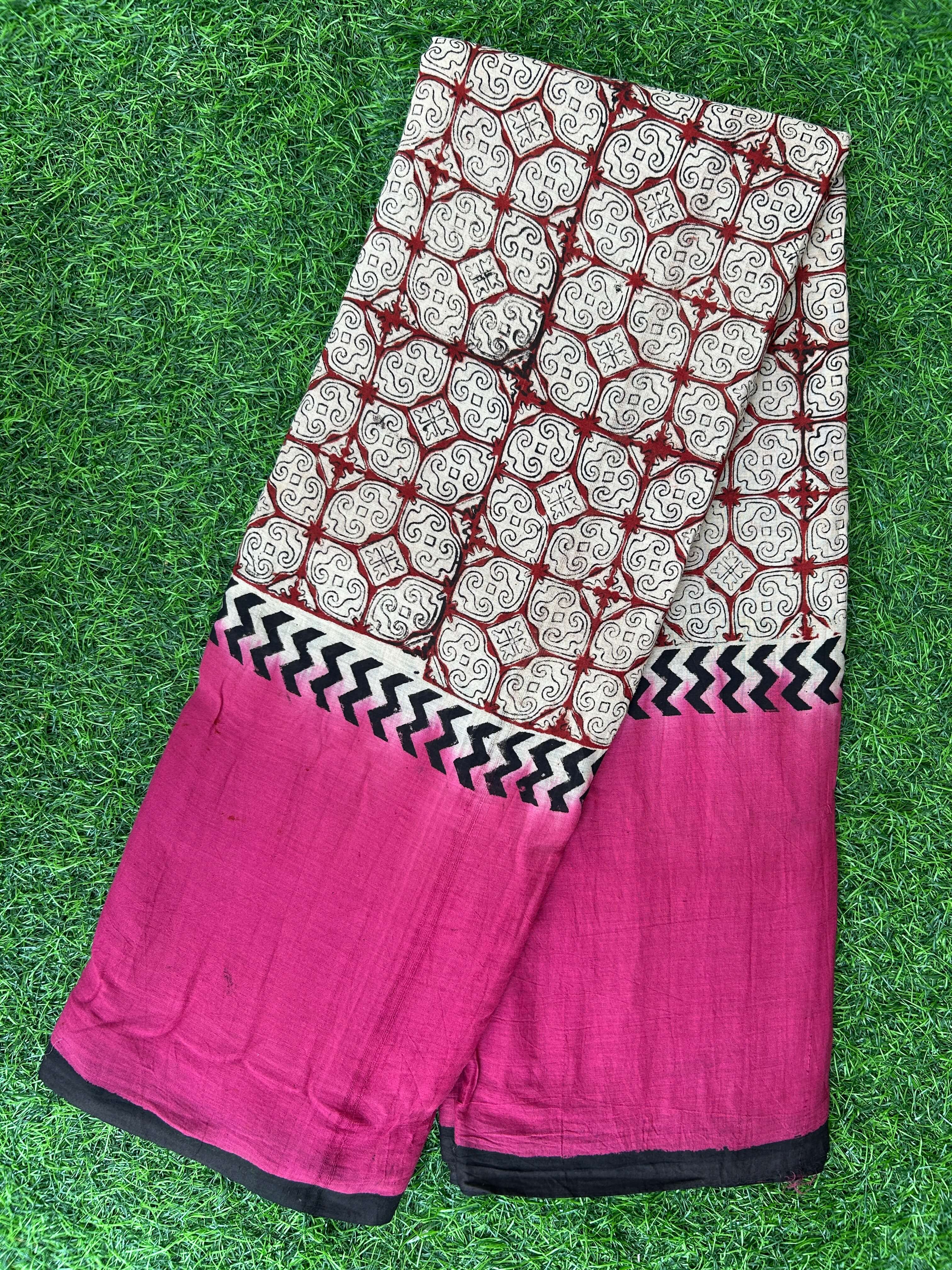 Kalamkari Cotton Hand Printed Gap Border Saree-KCS-HPGB-M051