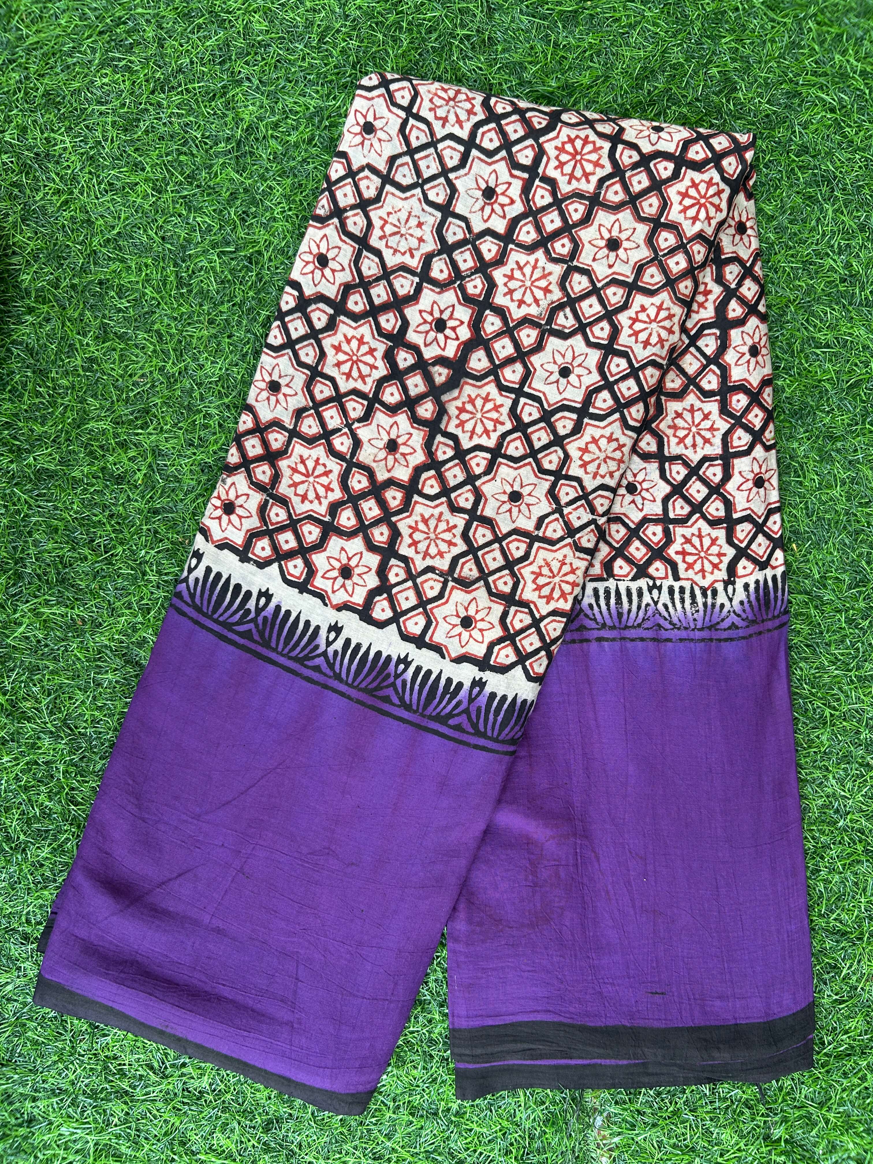 Kalamkari Cotton Hand Printed Gap Border Saree-KCS-HPGB-M046