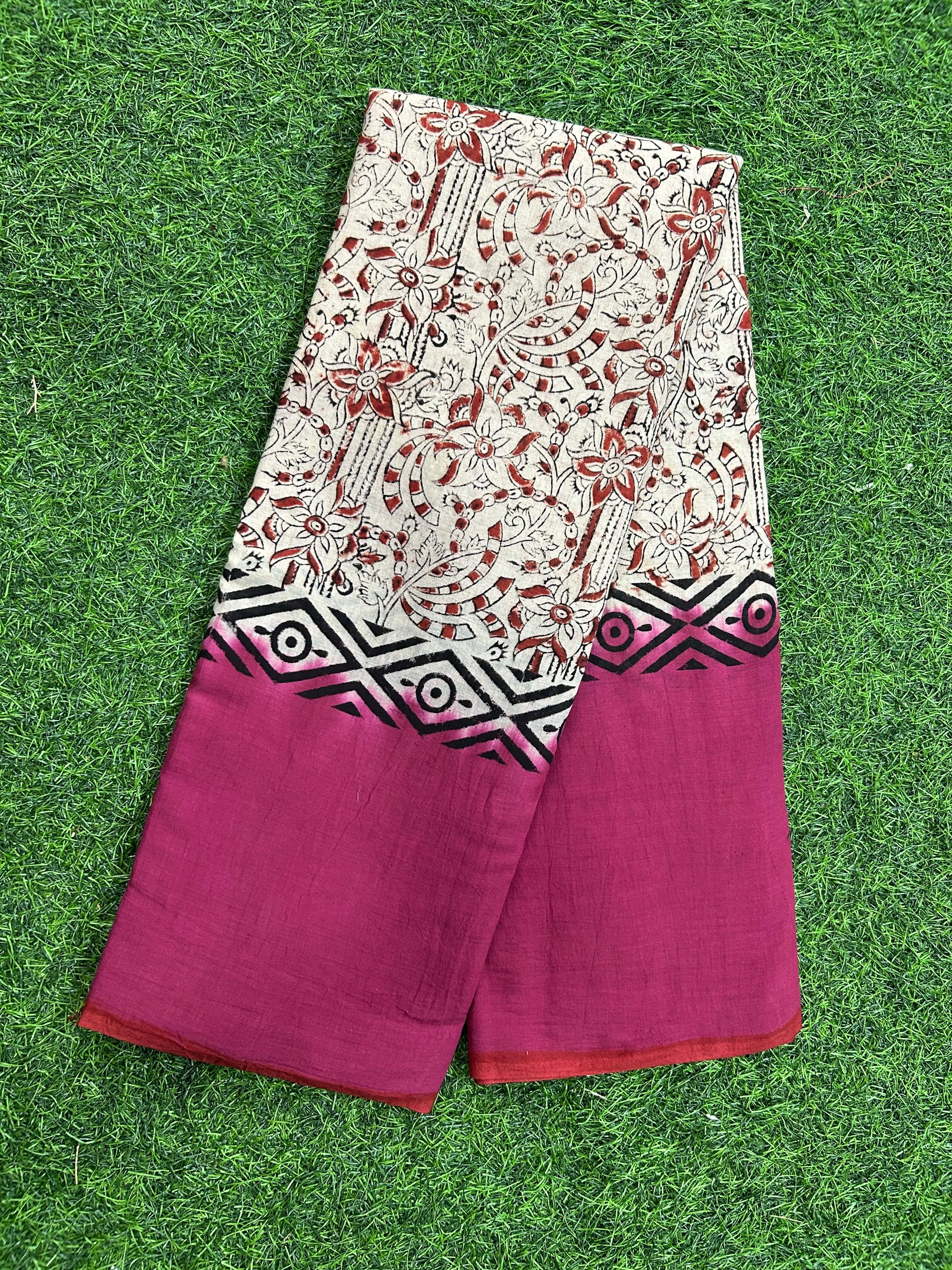 Kalamkari Cotton Hand Printed Gap Border Saree-KCS-HPGB-M069