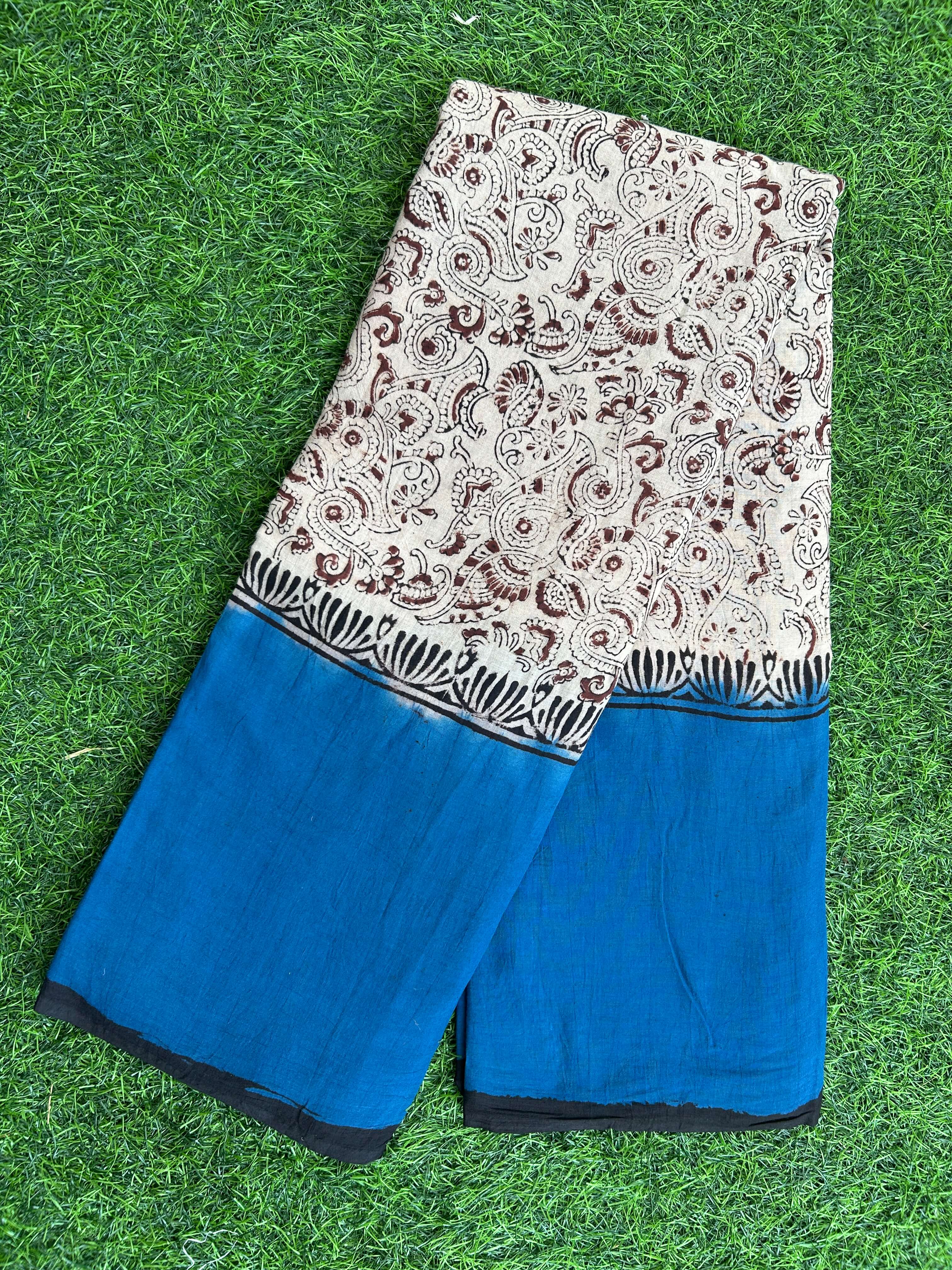 Kalamkari Cotton Hand Printed Gap Border Saree-KCS-HPGB-M066