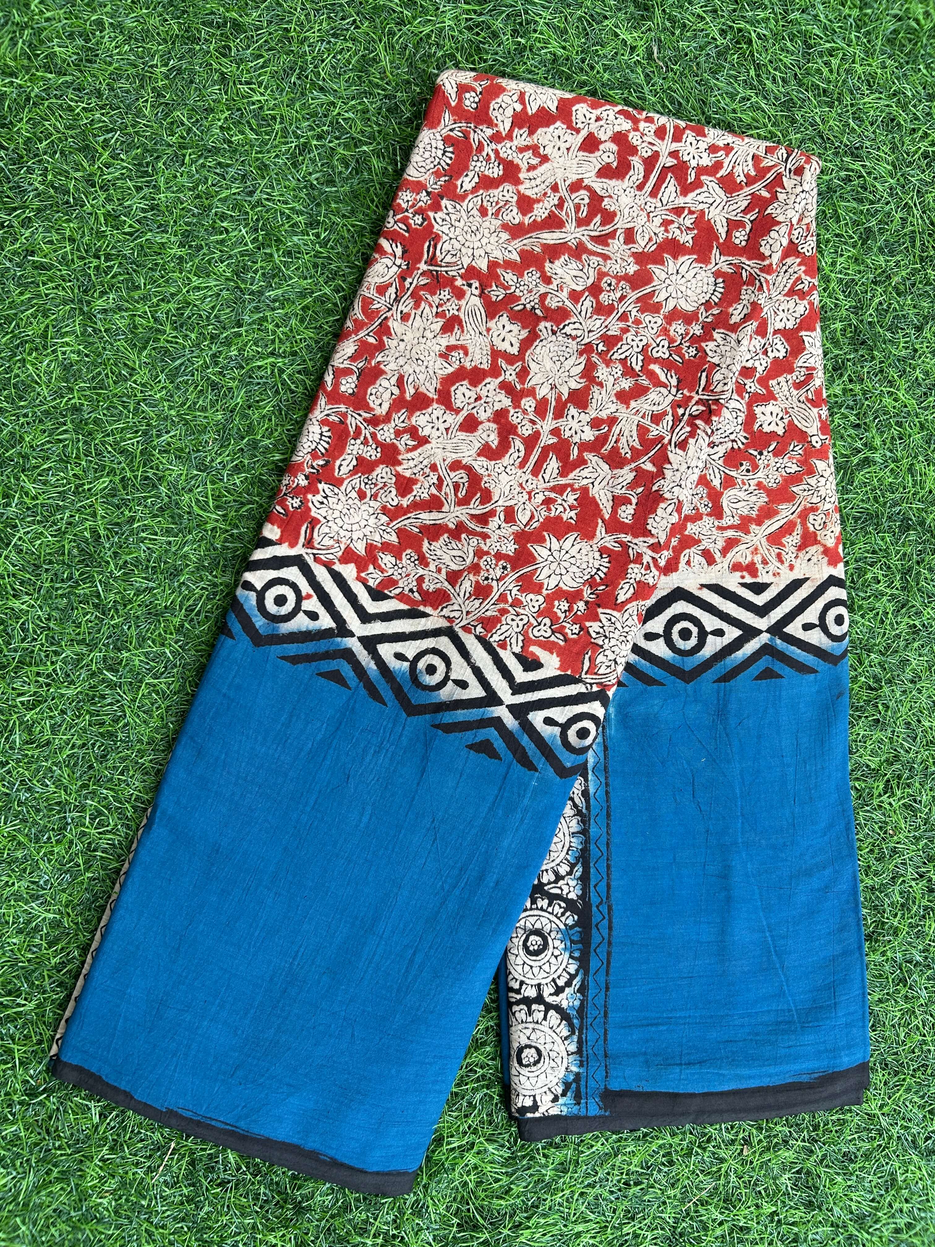 Kalamkari Cotton Hand Printed Gap Border Saree-KCS-HPGB-M067