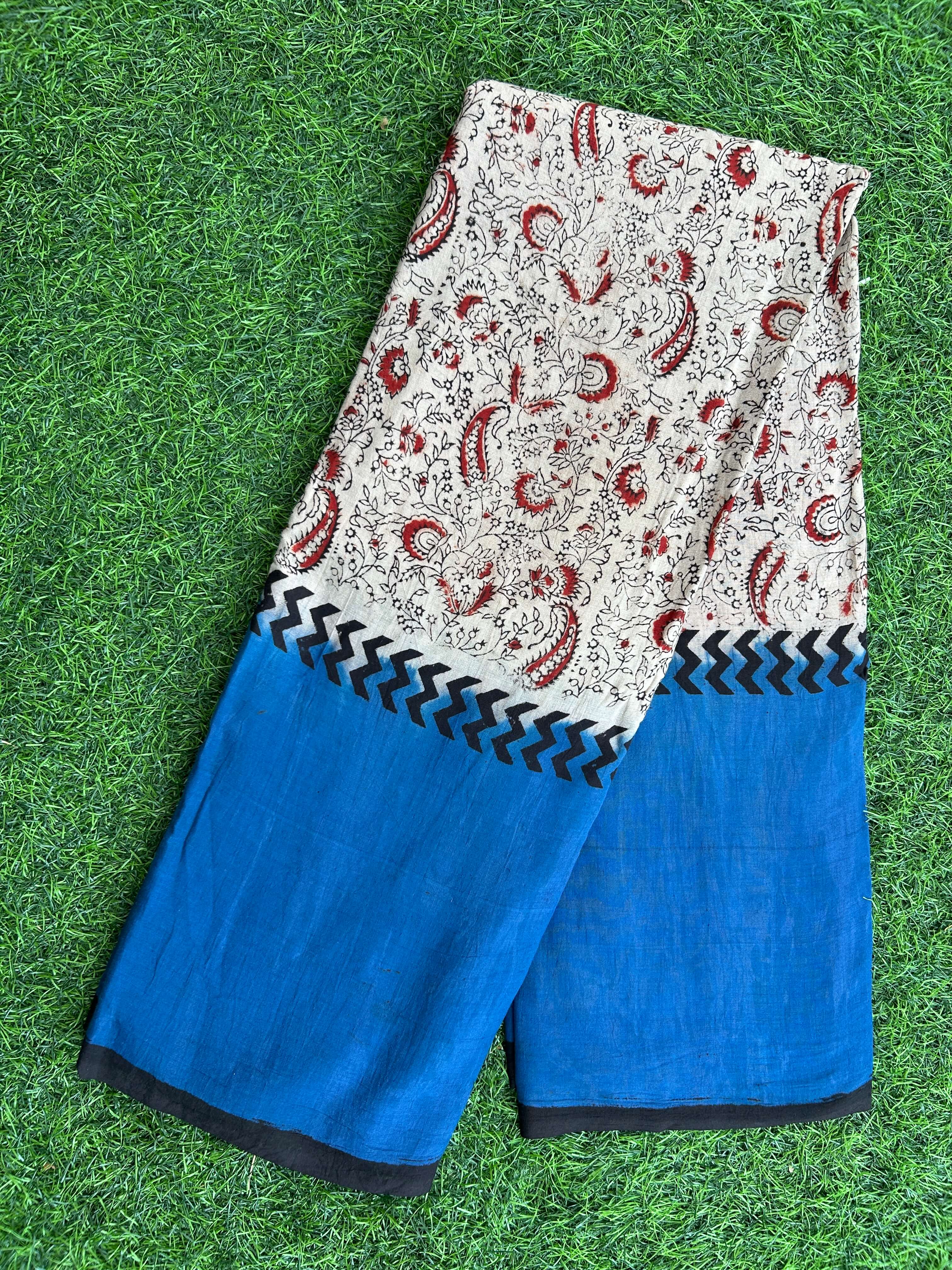 Kalamkari Cotton Hand Printed Gap Border Saree-KCS-HPGB-M064