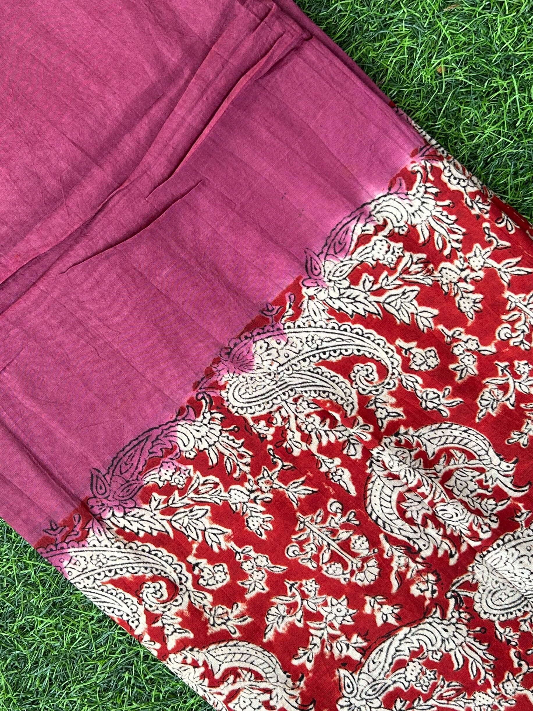 Kalamkari Block Printed Half & Half Chennuri Silk Fabric - HBP-M004