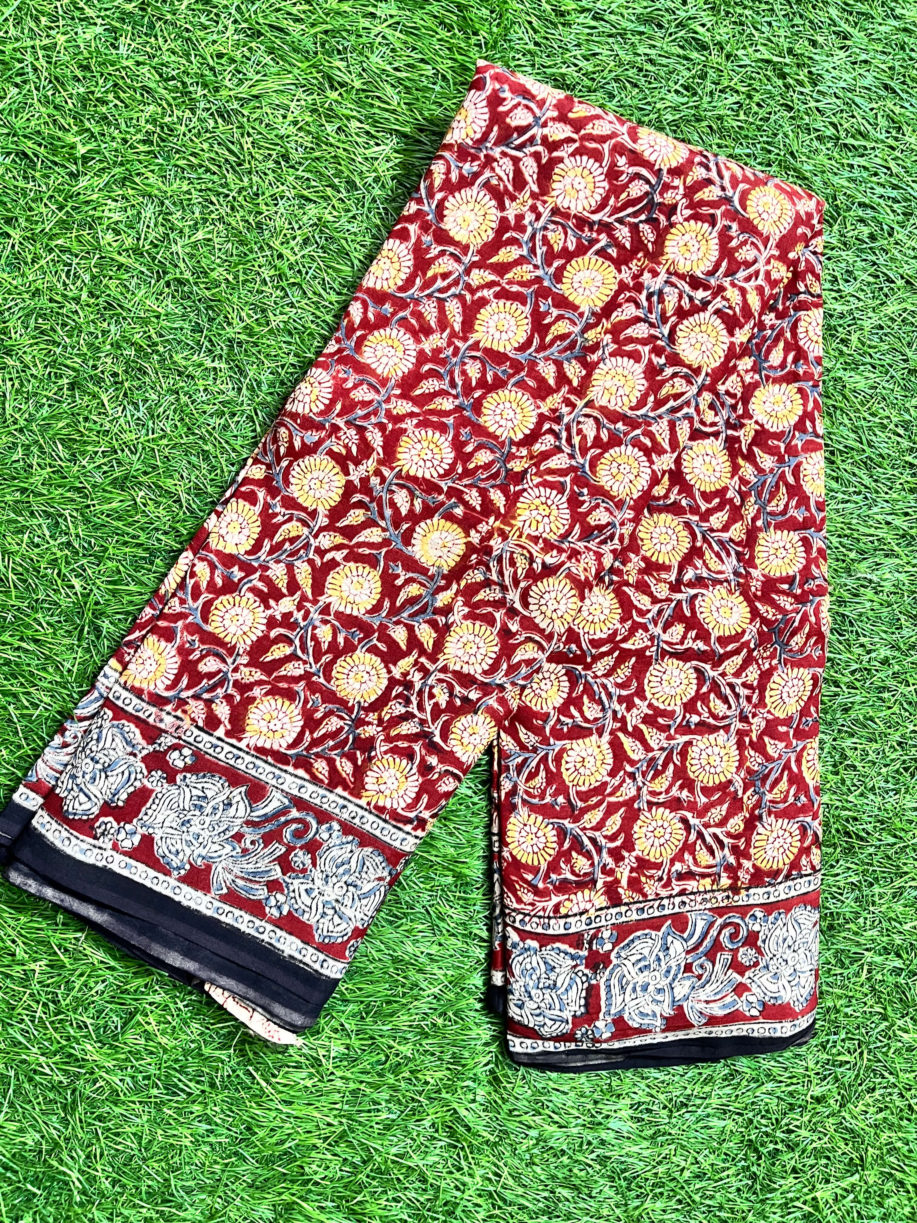 Hand Block Printed Kalamkari Chenuri Silk  Saree KCSS-HB-M072