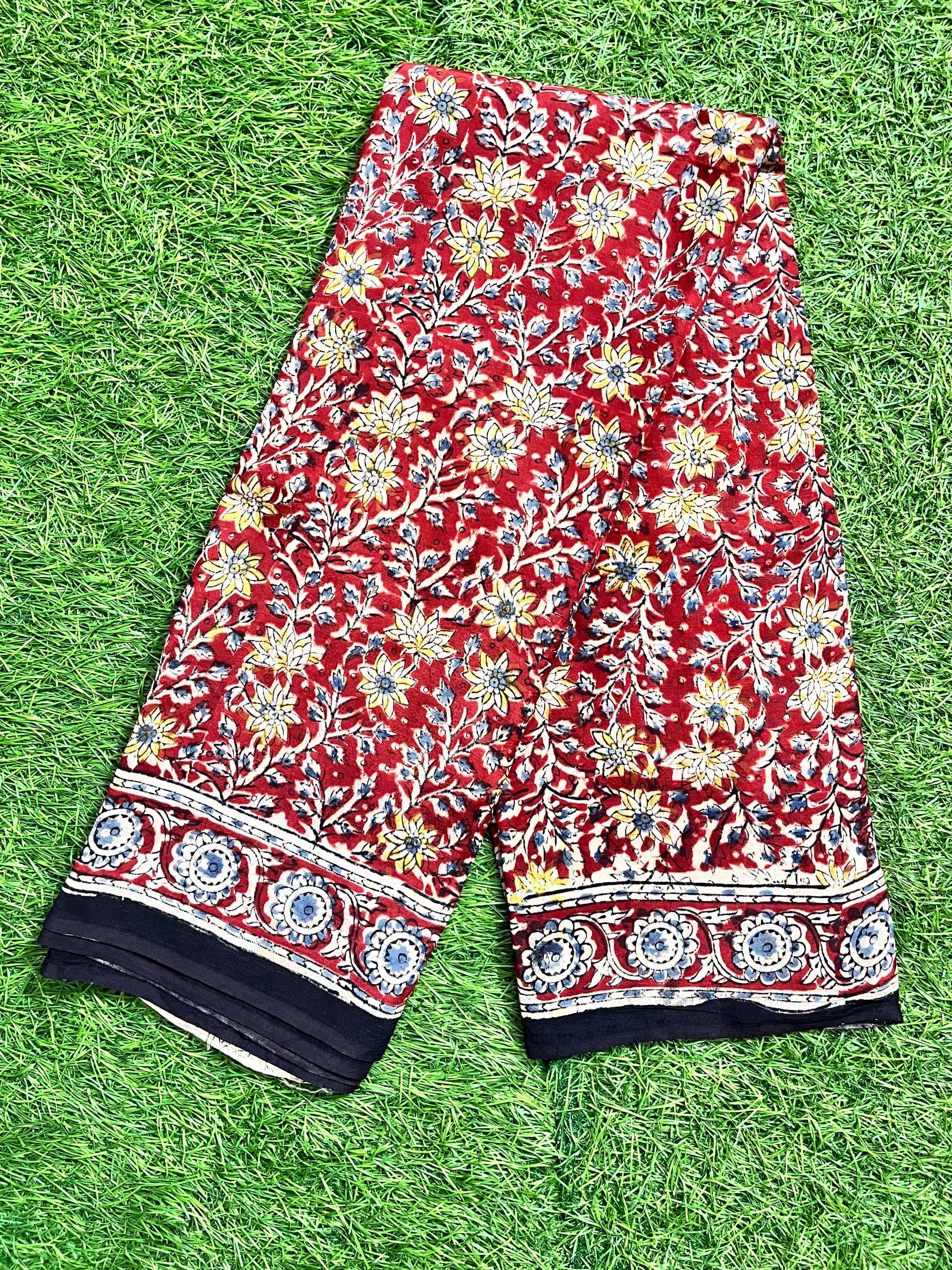 Hand Block Printed Kalamkari Chenuri Silk  Saree KCSS-HB-M034