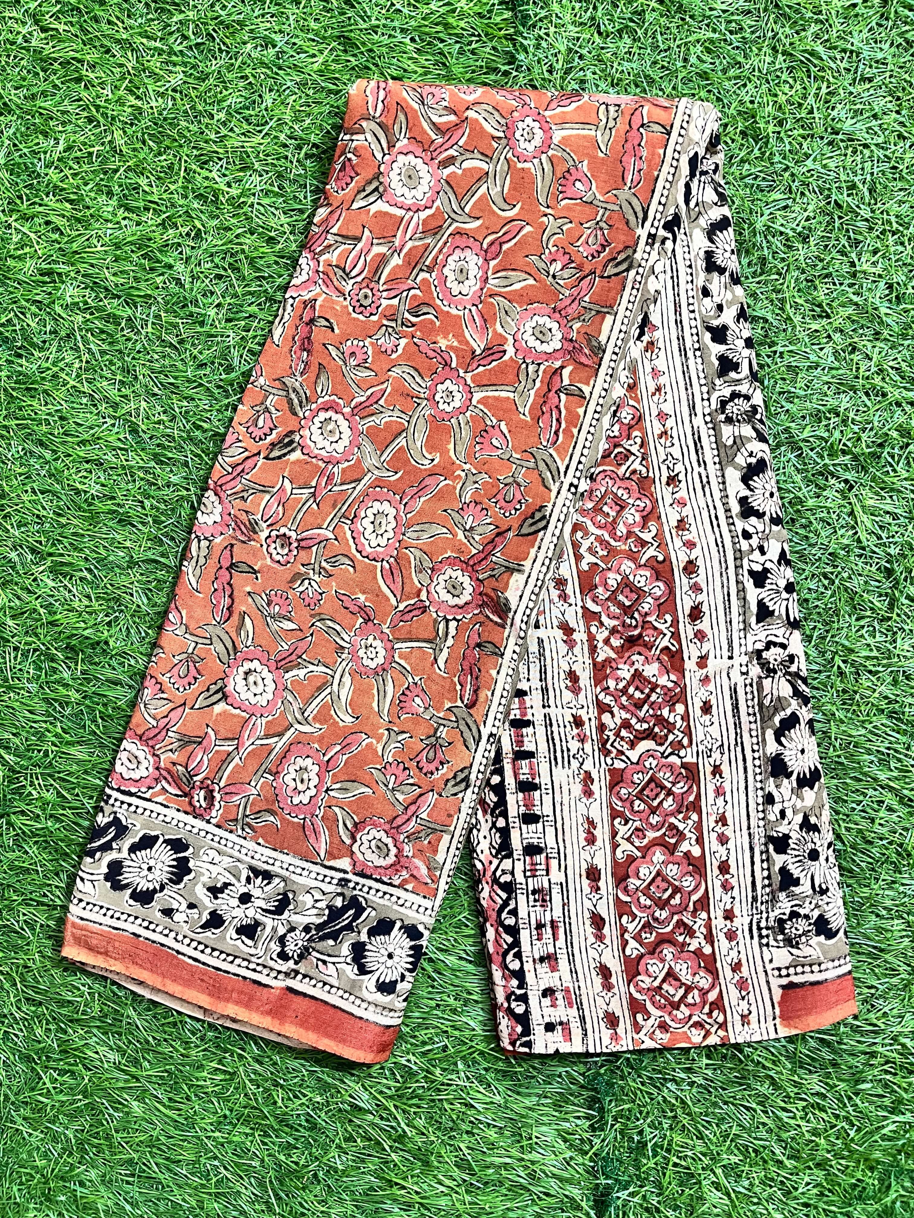 Hand Block Printed Kalamkari Chenuri Silk  Saree KCSS-HB-M044