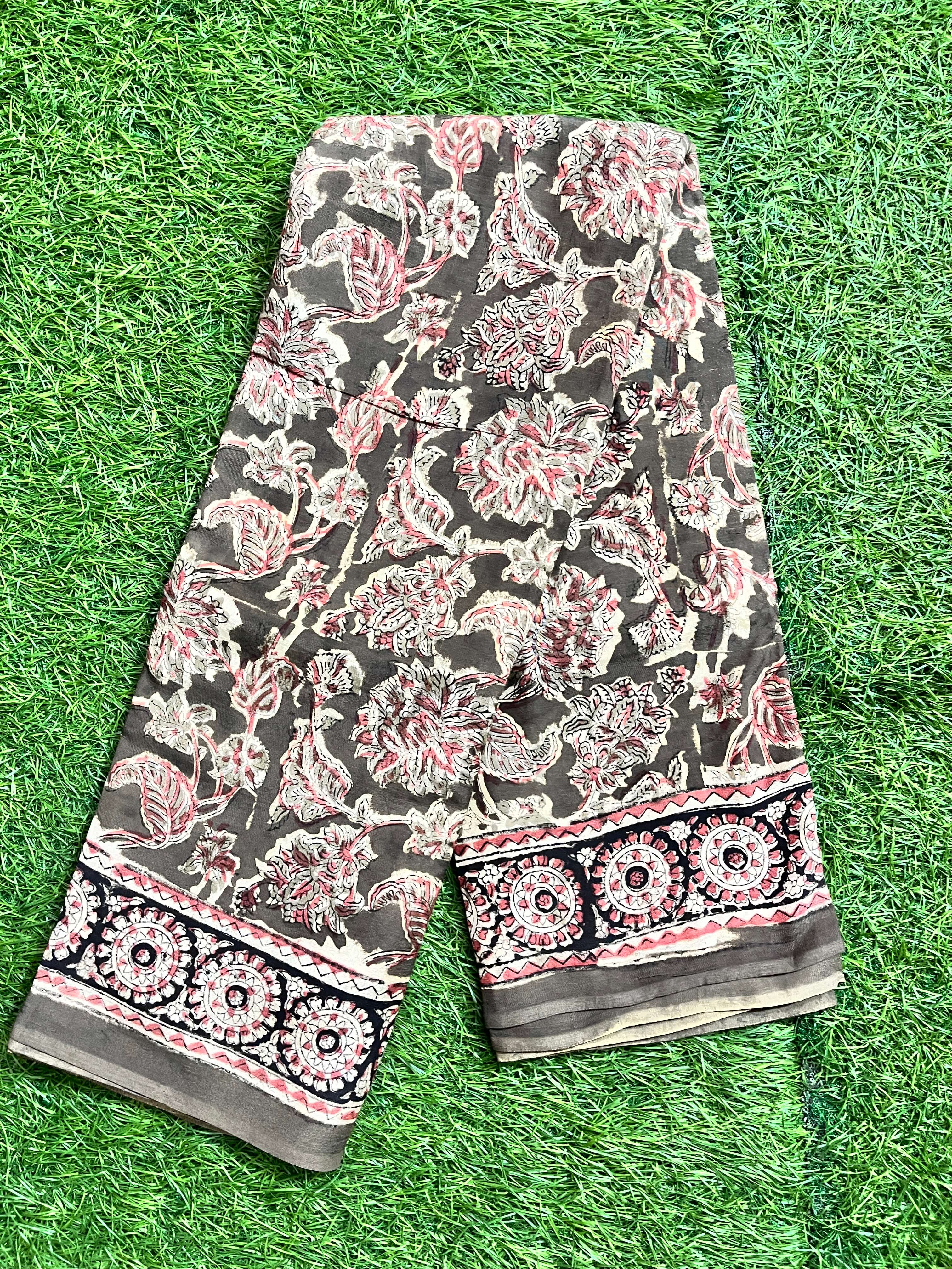 Hand Block Printed Kalamkari Chenuri Silk  Saree KCSS-HB-M045