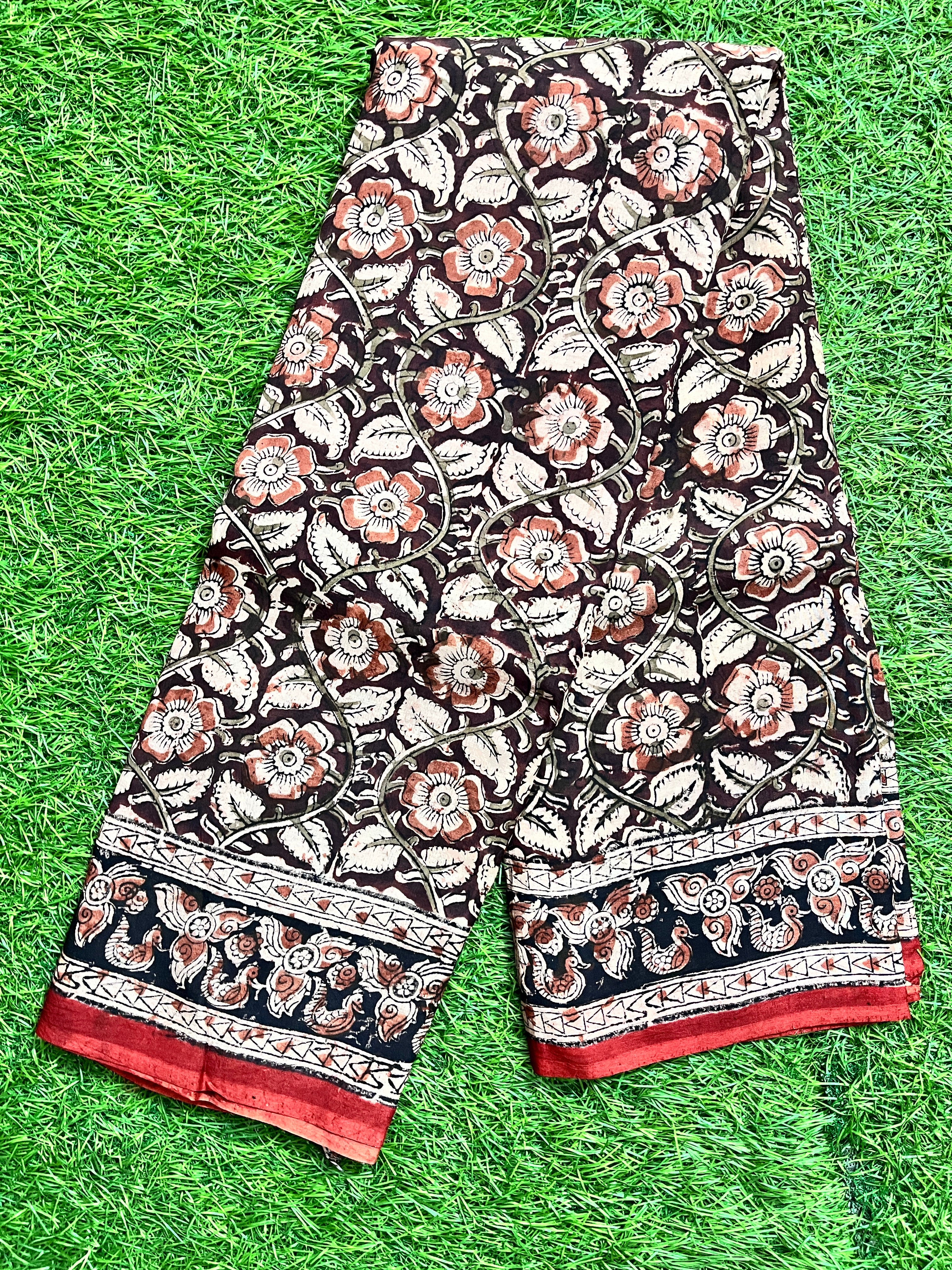 Hand Block Printed Kalamkari Chenuri Silk  Saree KCSS-HB-M049