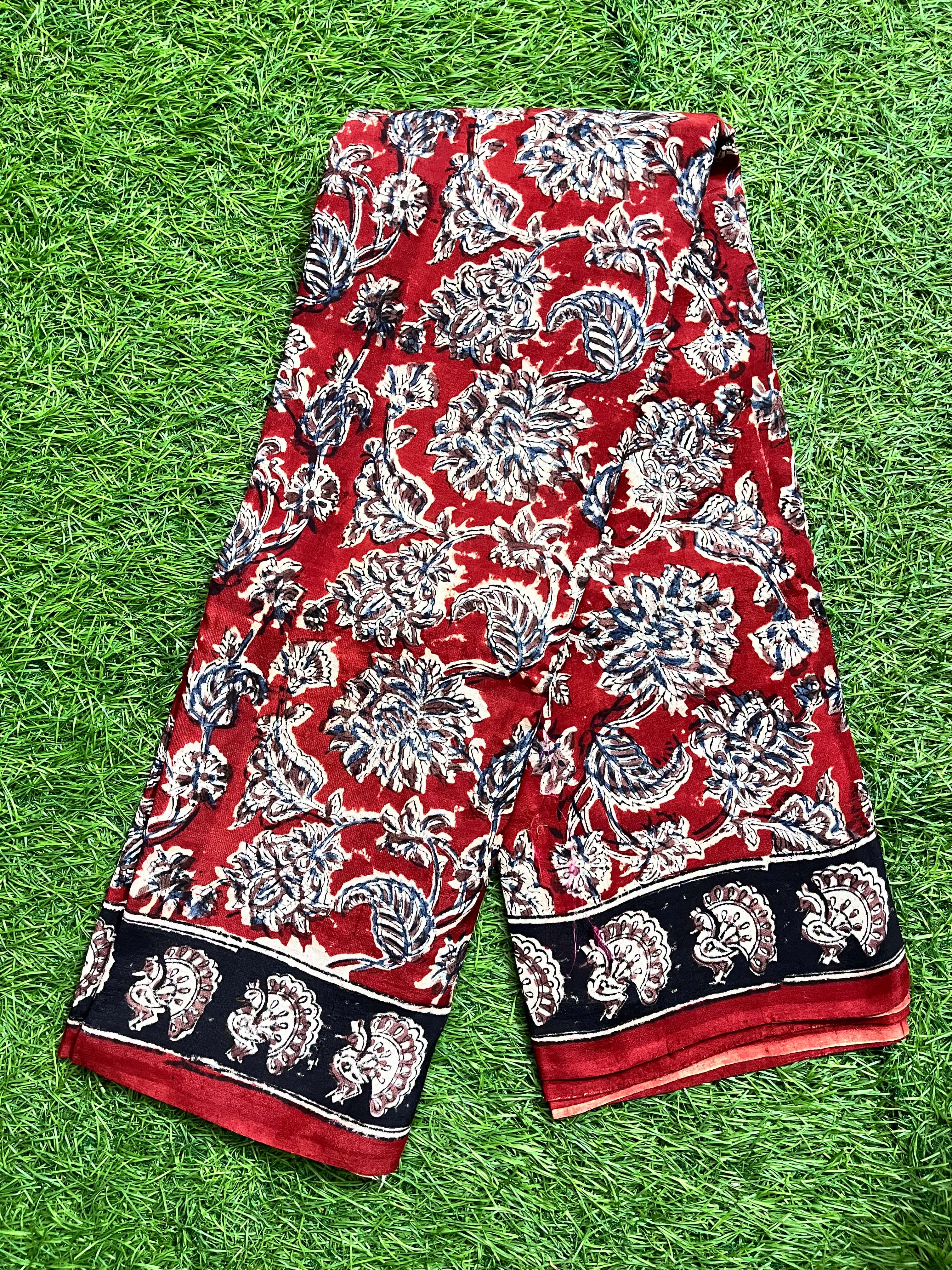 Hand Block Printed Kalamkari Chenuri Silk  Saree KCSS-HB-M054