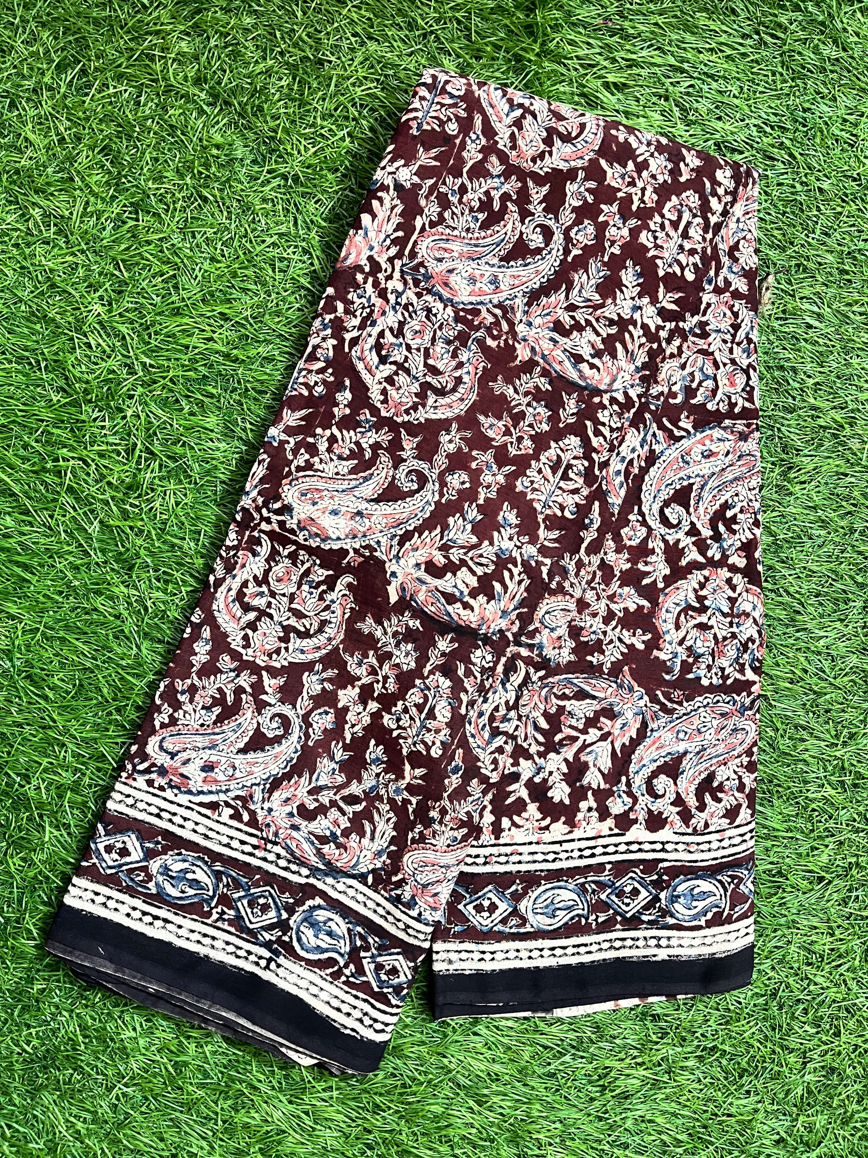 Hand Block Printed Kalamkari Chenuri Silk  Saree KCSS-HB-M060