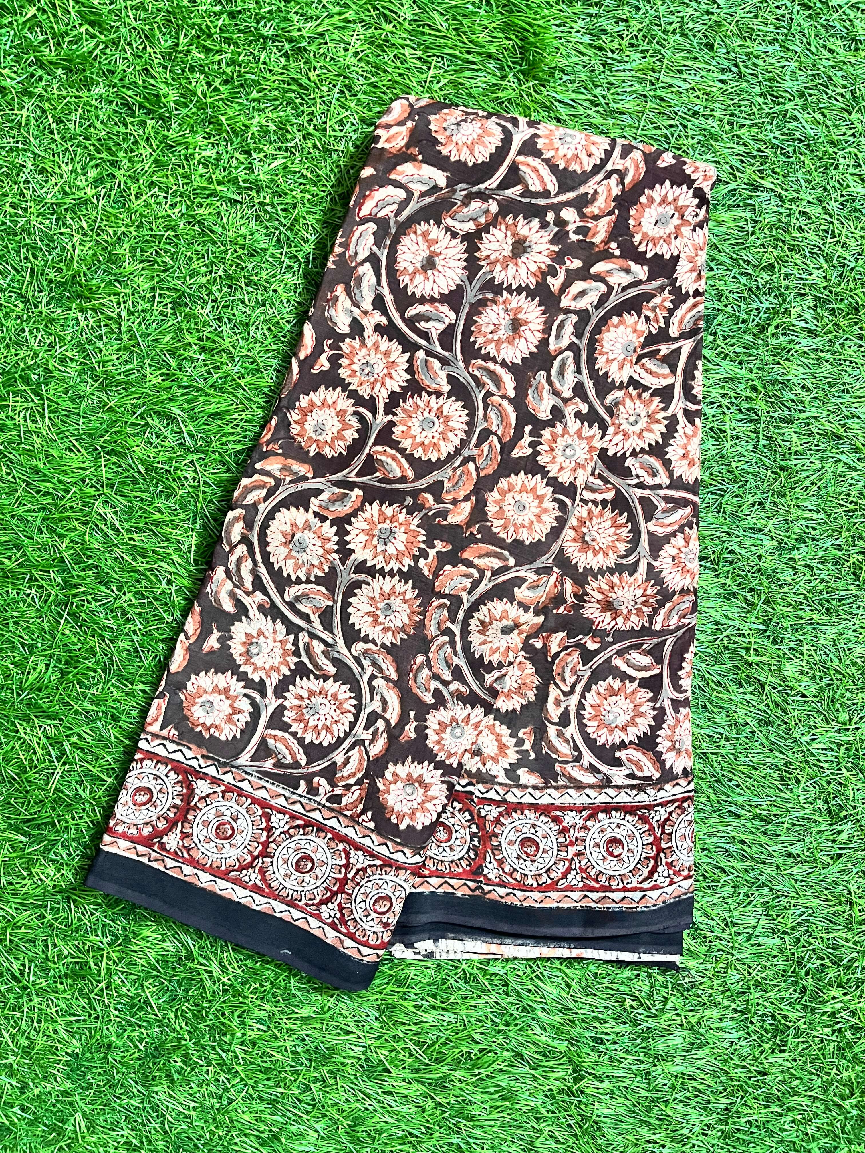 Hand Block Printed Kalamkari Chenuri Silk  Saree KCSS-HB-M075