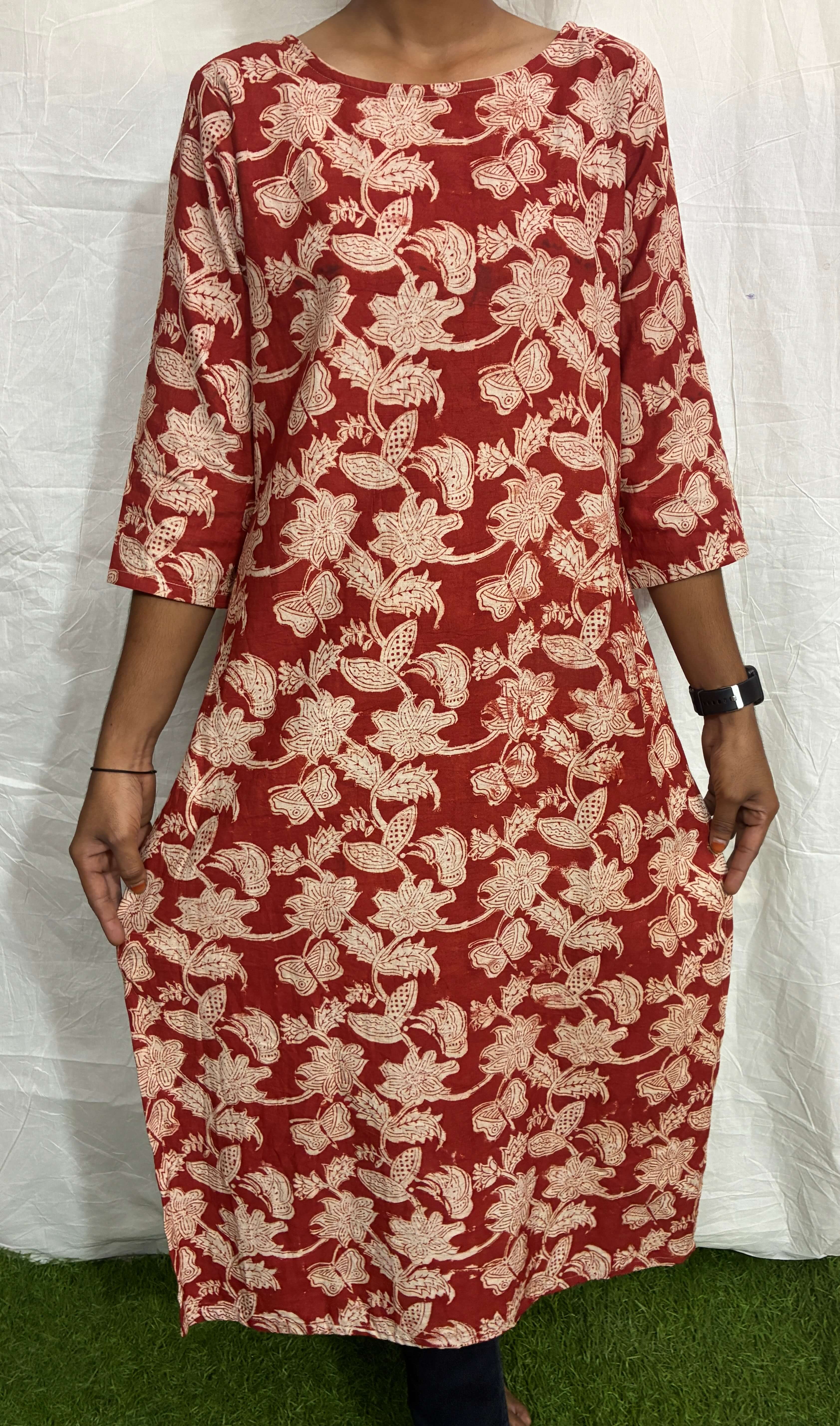 Handblock Kalamkari  Satin/Cotton Straight Kurti - HBSK-SC-M021