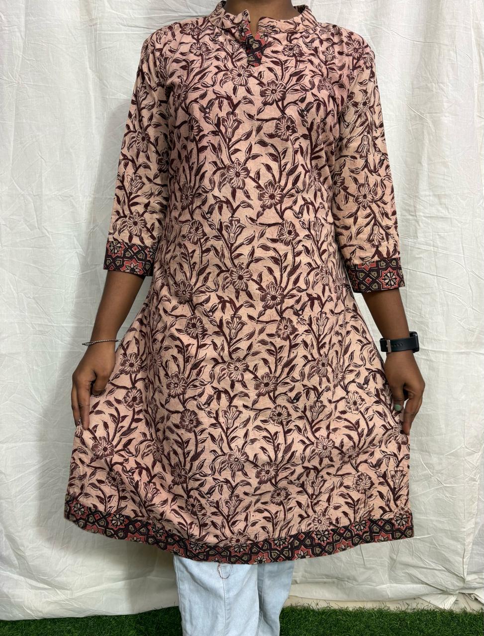 Handblock Kalamkari Cotton Straight Kurti - HBSK-C-M036