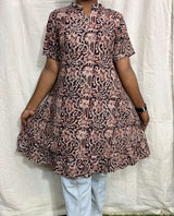 Handblock Kalamkari Cotton A Line Kurti - HBSK-C-M029